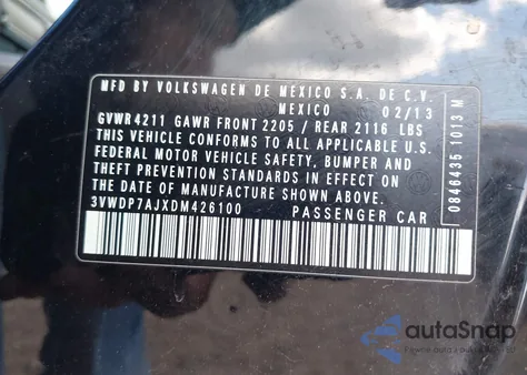 2013 Volkswagen Jetta 2.5L Se z USA, uszkodzony, nr VIN 3VWDP7AJXDM426100